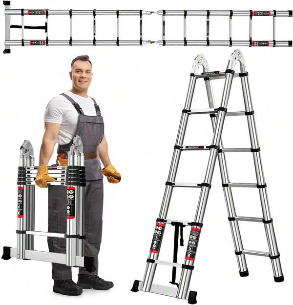 ZanGe Escalera Telescópica 4.4M con 2 Ganchos, Escalera Plegable de Acero Inoxidablede, Escalera de Extensión Portátil, Ajuste de Altura, Capacidad de 150kg, Más Duradera y Ligera