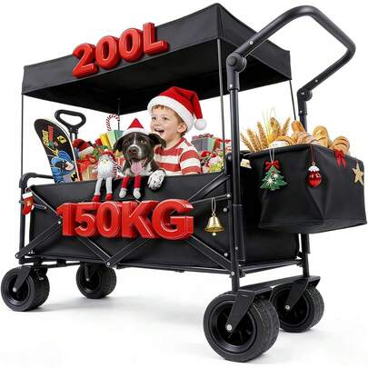 101*86cm Carrito Plegable con Ruedas 360 °   tipo tanque con freno, carriola doble,Capota y Cesta de Tela, carga hasta 150 kg, fácil de plegar para exteriores,Puede Transportar Carga, Niños y Mascotas