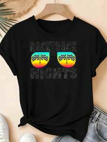 Women's Vintage Shirt, 'Racetrack Nights' Print With Sunglasses And Checkered Flags, Casual Summer Sportswear - Black - View 3