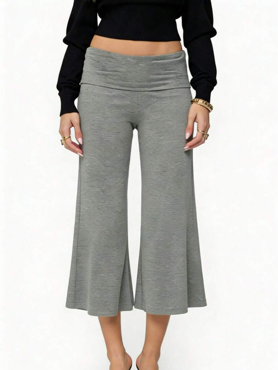 Women Solid Color Fold Over Capri Casual Low Rise Straight Wide Leg Cropped Pants Vintage Polka Dots Stripes Printed Three Quarter Trousers Gym Yoga Workout Lounge Wear Bottoms - 灰色 - 查看 1