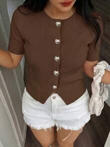 Cárdigan de punto con cuello redondo y botones con forma de corazón para mujer, primavera/verano, casual y elegante, ajustado y de longitud regular; Blusa rosa de manga corta para el Día de San Valentín, adecuada para uso diario en verano - Café integral - Ver 8