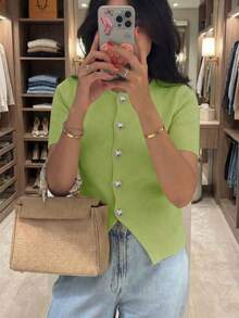 Cárdigan de punto con cuello redondo y botones con forma de corazón para mujer, primavera/verano, casual y elegante, ajustado y de longitud regular; Blusa rosa de manga corta para el Día de San Valentín, adecuada para uso diario en verano - Verde - Ver 7