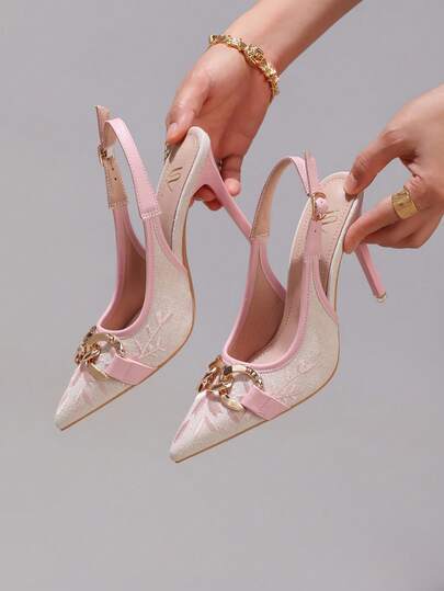 Elegant Pink Super High Heel Shoes With Fashionable Embroidered Chain Decor, Sexy Pointed Toe, Suitable For Formal Occasions, Parties And Galas,Wedding Outfits
