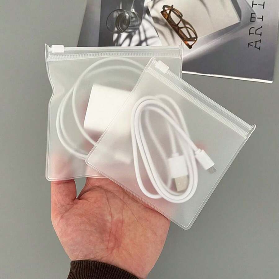 5/10个装透明磨砂数据线收纳袋，充电线整理袋，磨砂拉链袋，自封拉链袋，旅行收纳袋，化妆包，化妆品收纳袋，大容量化妆品收纳盒，适用于居家、送礼、度假及节日（万圣节、圣诞节）等场合，波西米亚风格 - 無色 - 查看 1