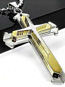 Minimalist Gold & Silver 3-Layer Cross Pendant Necklace, Stainless Steel Chain, Fashionable Versatile Charm Jewelry, Party Accessory Gift - Necklace - View 9