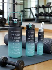 300ml/800ml/2000ml Capacity 3 Pieces Set Ombre Color Plastic Cups, Outdoor Sports Plastic Double-Wall Tumbler With Straws - Black and Blue Gradient - View 6