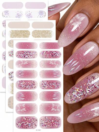 48 piezas de envoltorios de uñas con brillo de colores degradados, estilo dulce y lindo con moños, fácil de aplicar, perfectos para el arte de uñas casual y casero de las mujeres.