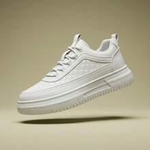 Tenis deportivos casuales para hombre, material de PU resistente con diseño de textura en relieve y suela gruesa antideslizante, calzado cómodo y versátil para uso diario y todas las ocasiones - Blanco - Ver 9