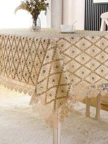 HXARTMIS 1pc Gold Sequin Embroidered Geometric Pattern Rectangular Tablecloth, Elegant Embroidered Oblong Table Cover With Scalloped Edges, Vintage Dust-Proof Tablecloth For Dining Room, Kitchen, Wedding Party, Home Decor, Suitable For Mother's Day, Father's Day, Valentine's Day And Other Holiday Decorations - Brown - View 8
