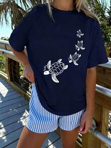 Teen Girl Turtle Print T-Shirt, Soft And Comfortable Fabric, Suitable For Girls To Wear For Travel, Vacation, Outdoor Sports, Daily Wear, Casual Travel, Best Choice! Fashionable And Girls' Casual Top For Spring And Summer - Navy Blue - View 3