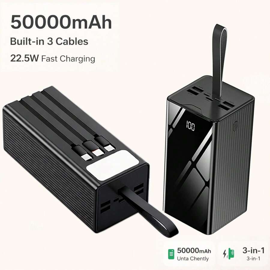50000mAh Portable Power Bank With Built-In 3 Cables, 22.5W Fast Charging Battery Pack, Multi-Device Charging, LED Display & Flashlight, Travel Essential - Black - View 1