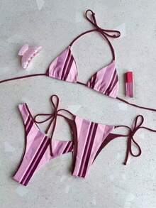 女款優雅藍棕配色拼接泳衣套裝，適合春夏海灘度假、海邊活動與時尚假期穿搭 - 彩色 - 查看 1