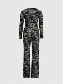 Summer 2pcs/Set Women Fashion Popular Camouflage V-Neck Button-Up Top Pants With Drawstring Waist | Elegant Casual Y2K Style Lightweight & Comfortable Fabric, Vacation Outfits For Women - 軍綠色 - 查看 6