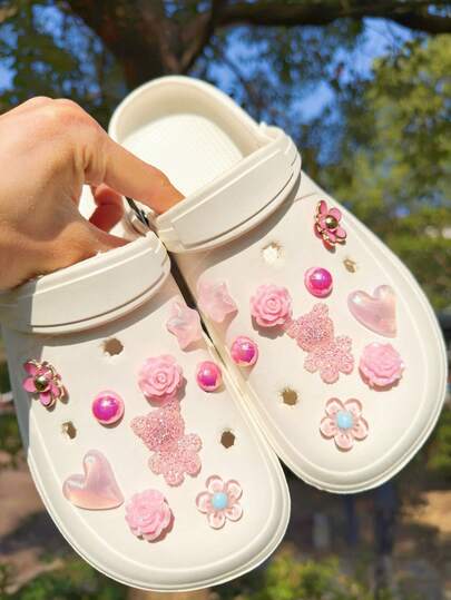 18pcs Pink Bear, Rose, Heart, Flower, Pentagram DIY Detachable Decorative Accessories, Suitable For Sandals, Clogs, Garden Shoes, Beach Shoes, All Seasons, Great Holiday Gift