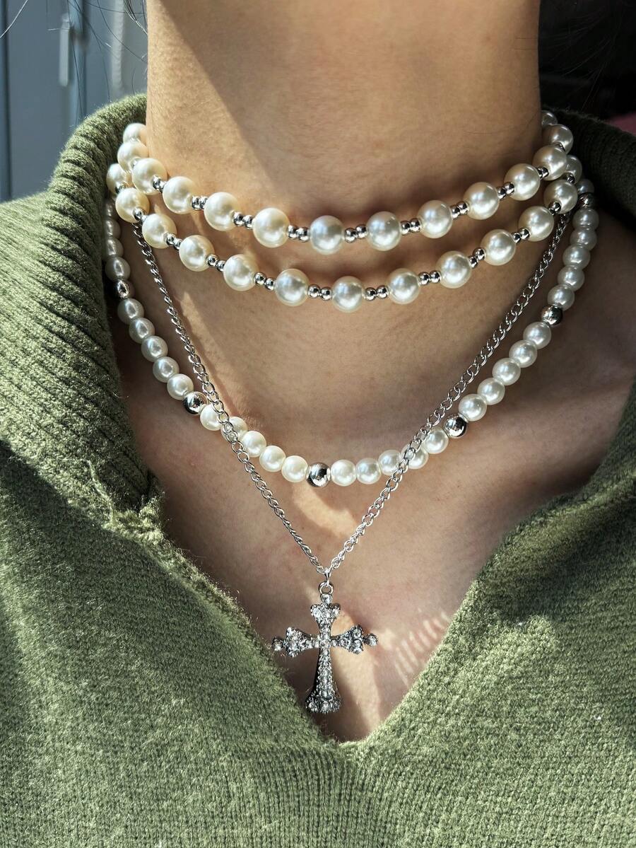 1件 时尚精致优雅百搭夸张独特高端多层珍珠十字吊坠项链，女士日常佩戴及节日派对饰品 - 彩色 - 查看 1