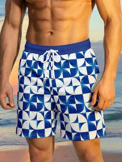 Men's Bohemian Geometric Print Drawstring Waist Beach Shorts, Suitable For Summer Casual Vacation