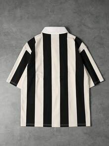 WAIT HIM Kemeja Polo Lengan Pendek Bergaris Blok Warna Kasual Pria, Musim Panas - Hitam dan Putih - View 3