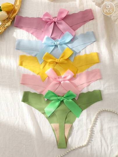 5条/套 纯色蝴蝶结装饰 女士性感丁字裤，无缝舒适弹力光滑三角裤