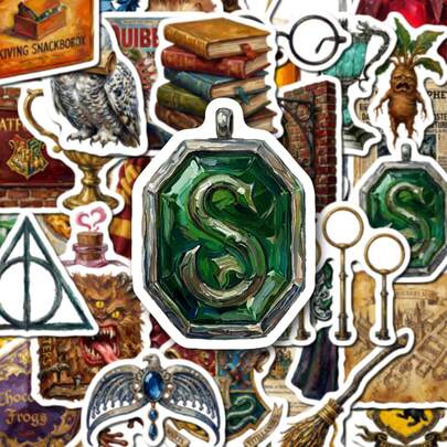 50pcs Vintage Watercolor Doodle Stickers, Harry Potter Series Movie & Book Memories, Hogwarts Adventure Recollections, Dobby, Elves, Golden Snitch, Quidditch, Bludger, Potions, Sorting Hat, Broomstick, Firebolt. Waterproof Vinyl Stickers Suitable For Water Bottles, Laptops, Bumpers, Tumblers, Computers, Phones, Hats, Cars, Fun Back-To-School Stickers For Teens & Adults