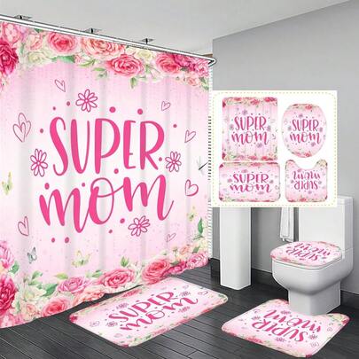 1pc/4pcs Mother's Day Floral Pink Pattern Multifunctional Bathroom Decor Shower Curtain Set, Free 12 Hooks Included, Elegant Holiday Atmosphere, Bathroom Mat, U-Shaped Floor Mat And Round Toilet Mat, Suitable For All Scenarios Bathroom Set