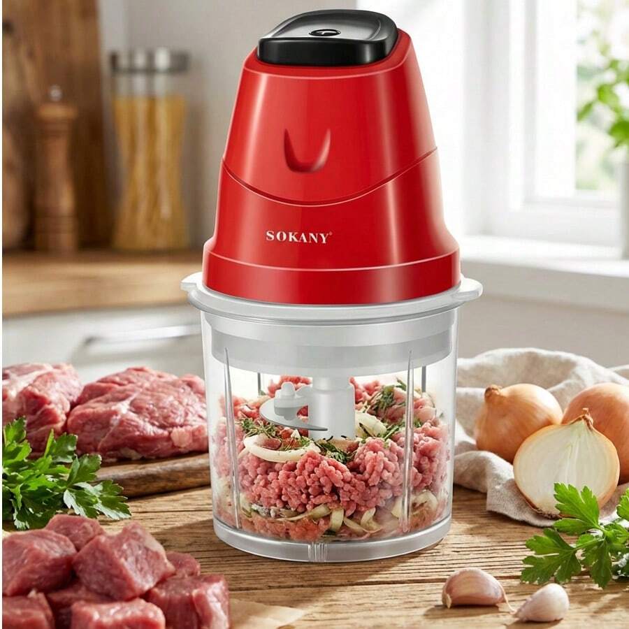 SOKANY 06009 家用绞肉机,0.7升食物处理器,烹饪机,配有2个碗和3个不锈钢刀片,适用于绞肉、蔬菜、婴儿辅食、自制餐食和宠物食品 - 紅色 - 查看 1