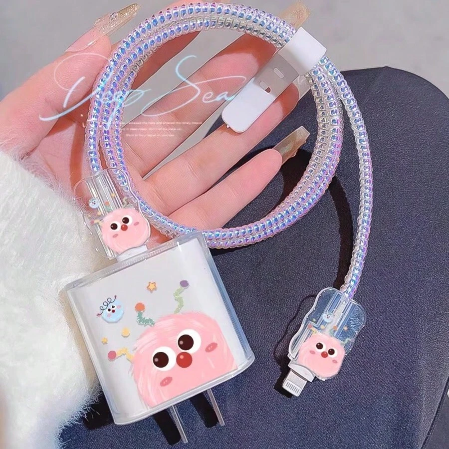 5个装数据线保护套，20W充电线保护套，卡通图案 - 粉色 - 查看 1