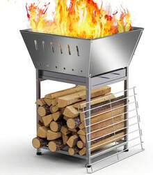 24 Inch Stainless Steel Outdoor Fire Pit With Grill 3-In-1 Wood Burning Fire Pits For Outside Square Firepit With Wood Storage And Ash Pan For Camping Patio Bonfire And BBQ - A - 查看 5