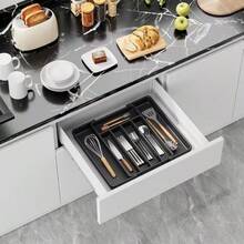 1 pieza Organizador de cajón de cocina expandible, hecho de material PP, diseño de compartimento ajustable, base antideslizante, divisor de almacenamiento de cuchillos y utensilios, mantiene la cocina organizada para la cocina diaria y la preparación de comidas festivas - Multicolor - Ver 12