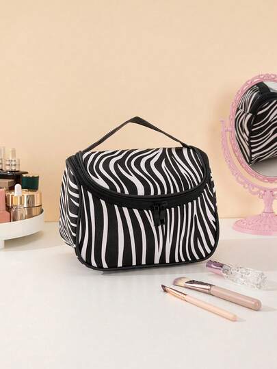 1pc Large Capacity PU Cosmetic Bag With Zipper, Zebra Pattern Handbag For Storing Makeup Brushes, Eyeshadow Palette, Etc. Suitable For Travel, Home Use, Unisex Gift For Birthday, Thanksgiving, Mother's Day, New Year