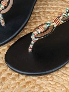 Sandalias de chanclas tejidas retro para mujer, zapatos planos de estilo bohemio para uso diario y al aire libre - Albaricoque - Ver 7