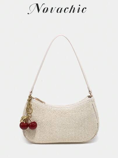 1pc Novachic Spring/Summer Straw Fabric Cute Cherry Decor Minimalist One Shoulder Bag, Zipper Closure, Retro Style, Underarm Bag, Suitable For Various Occasions