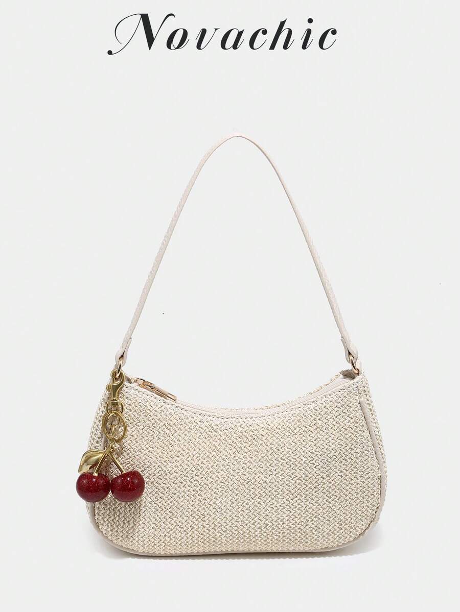 1 pieza Bolso de hombro minimalista de tela de paja con decoración de cereza, estilo retro, cierre con cremallera, adecuado para varias ocasiones de la marca Novachic para primavera/verano - Beis - Ver 1