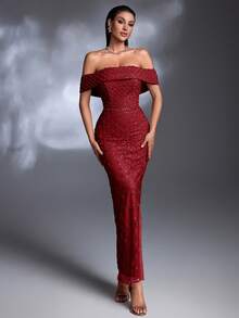 AMILUCK New Luxury High-End Sequin, Sequins, Lace Off Shoulder Ruffle Hem Slit Elegant Dress, Suitable For Formal Occasions, Parties, Red Carpet, Weddings - Burgundy - View 1