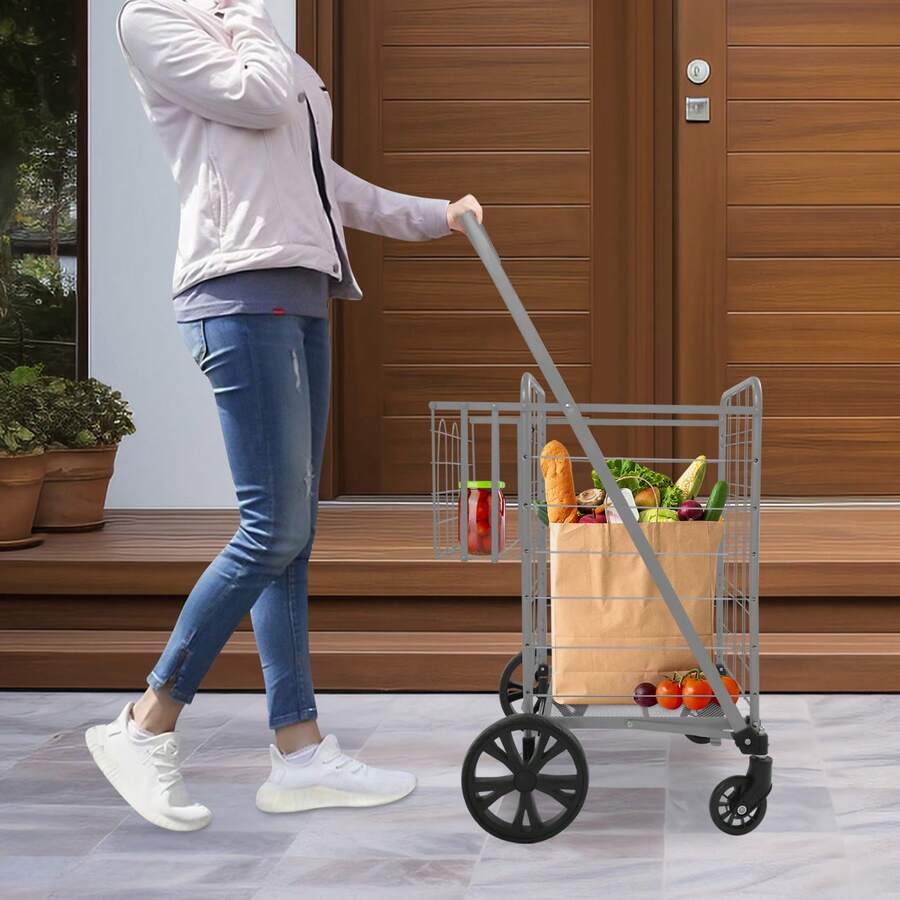 Silver Folding Trolley, Iron Frame With Baked Enamel Finish, 4-Wheel (2 Lockable) Shopping Cart, 50 Kg Load Capacity For Outdoor And Indoor Use (55*104 Cm) - A - View 1