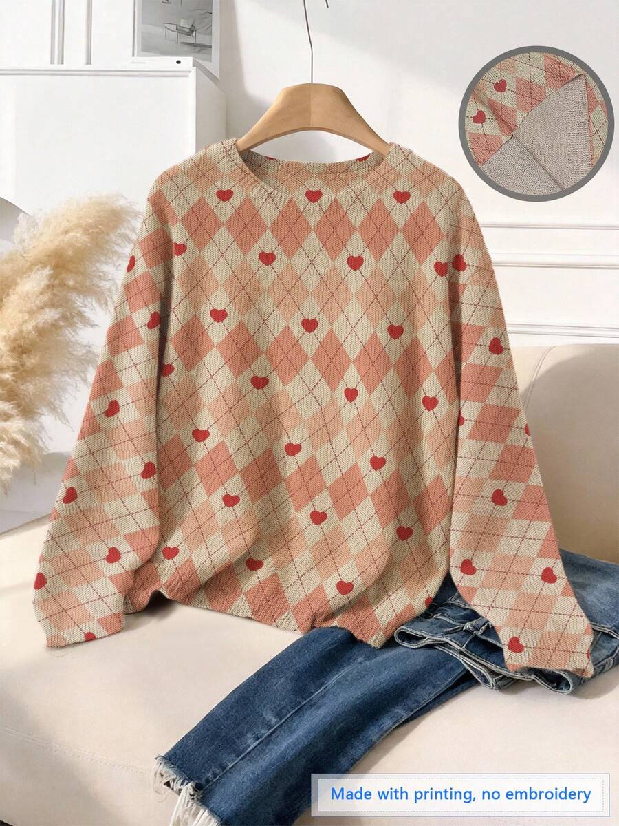 Vintage Academic Style Heart Print Long Sleeve Knit Sweater, Round Neck, Lightweight & Breathable, Casual & Work Wear, Elegant & Gentle Outfit For Spring/Summer - Multicolor - View 1