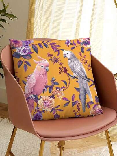 1/4Pcs, Retro Illustration Style, Parrot, Tropical Plants, Dandelions, Roses, Flowers Pattern Single-Sided Digital Printed Square Pillowcase, 17in*17in, Suitable For Sofa Living Room Bedroom Decoration, No Pillow Core Included
