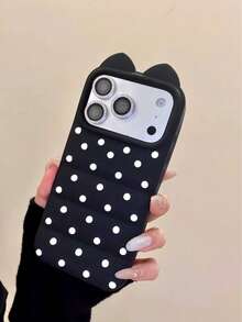 Cartoon 3D Full Screen Polka Dot Cat Ear Phone Case, Silicone Protective Cover For IPhone 17 Pro Max, 16, 15, 14, 13 Pro Max, Personalized Soft Case Compatible With Iphone 16 Pro Max, 15 Pro, New 17 Pro, - White - View 2
