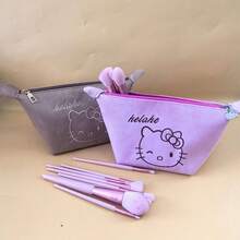 SANRIO 新款麂皮刺绣猫耳化妆包，可爱便携大容量化妆包，粉色和棕色 - 查看 10