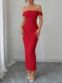 PRETTYGARDEN Women's Summer Dresses Off The Shoulder Dress Ruched Bodycon Sleeveless  Evening Elegant Dresses Wedding Guest Graduation  Cocktail Club Party Red Maxi Dresses - 紅色 - 查看 3
