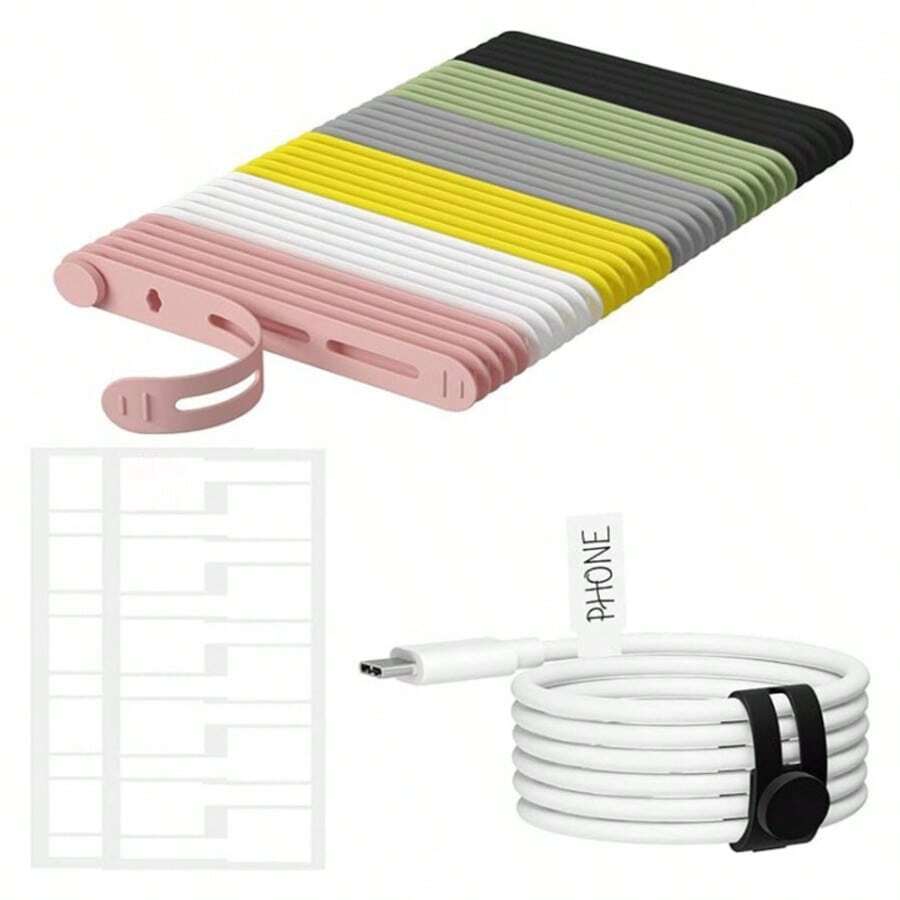 45pcs Cable Organizer Kit, Includes 15pcs Silicone Ties + 30pcs Writable Cable Labels, Data Cable Binding Straps For Travel, Home, Office Desk Wire Management - Mixed Colors - View 1