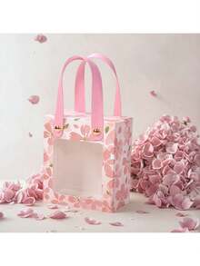 10 piezas Cajas de regalo con asas para favores de boda con diseño de flores de cerezo rosa, embalaje de regalo vacío para regalos de boda y Día de San Valentín - Ver 4