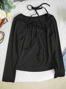 新款性感露肩修身短款上衣，袖口系带，适合春夏穿着 - 黑色 - 查看 9