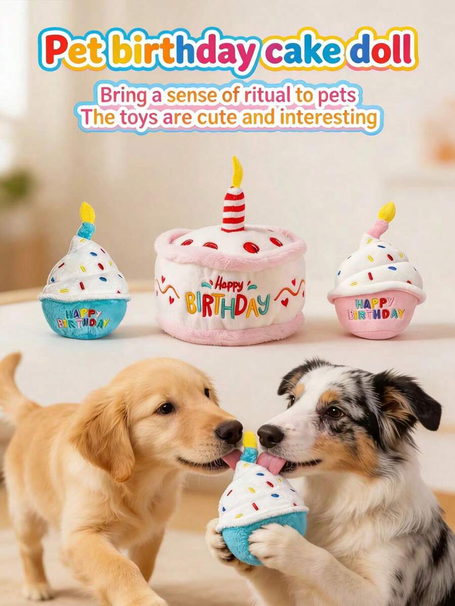 1个宠物生日蛋糕毛绒玩具，逼真的蛋糕和纸杯蛋糕造型，带蜡烛设计，“生日快乐”刺绣字样，内置发声器和沙沙作响的纸片，适合中小型犬猫生日庆祝，生日派对拍照道具，礼物，宠物用品，宠物玩偶 - 彩色 - 查看 1