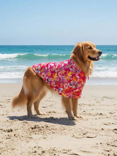 夏季狗狗休闲衬衫 - 透气轻便的狗狗夏季服装，适合小型、中型和大型犬，全印花狗狗服装 - 植物图案