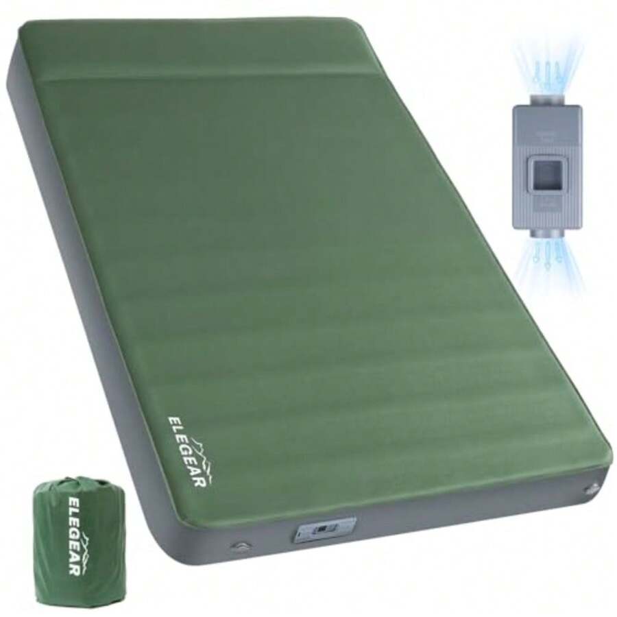 CumbreX™ Air and Foam Self Inflating Sleeping Pad Built-in Electric Pump 4" Ultra-Thick Memory Foam Camping Mattress with Pillow Double Camping Pad 4-Season R-value 9.5 Camp Mat for Travel Full - Greenpump del Ejército - Ver 1