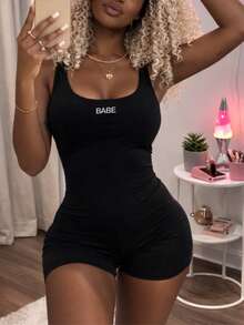 Women's Fashion Gym Jumpsuit, Shaping, Wide Straps, Babe - 黑色 - 查看 3