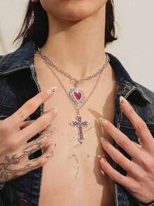 Bộ 2 dây chuyền mặt dây chuyền hình thánh giá trái tim sâu kiểu Gothic, phụ kiện trang sức Punk Goth Y2K, quà tặng Ngày Valentine. - Đỏ - Xem 4