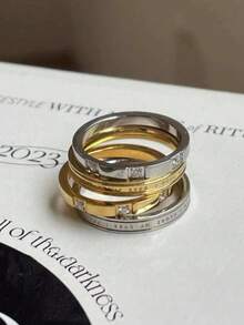 2 piezas Juego de anillos con impresión de letras de acero inoxidable, resistente al agua y a la decoloración, adecuado para uso diario de mujeres - conjunto de dos piezas - Ver 7