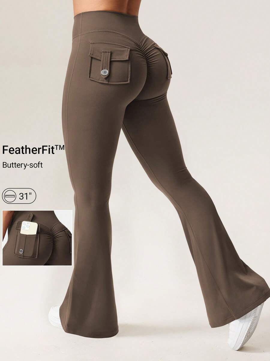 YEOREO Flare Leggings With Pockets For Women Butt Lifting Gym Yoga Leggings Flare Leggings Joggers For Women Summer Clothes For Women - 咖啡棕 - 查看 1