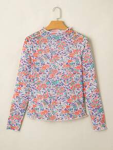 Acelitt Blusa de manga larga con cuello alto, ajustada, con estampado de flores de rosa y malla, adecuada para primavera y otoño de uso casual - Multicolor - Ver 5